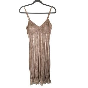 Title: Vtg CACHÉ Y2K Metallic Gold Crochet Maxi Dress‎ - Large - Floral Appliqué